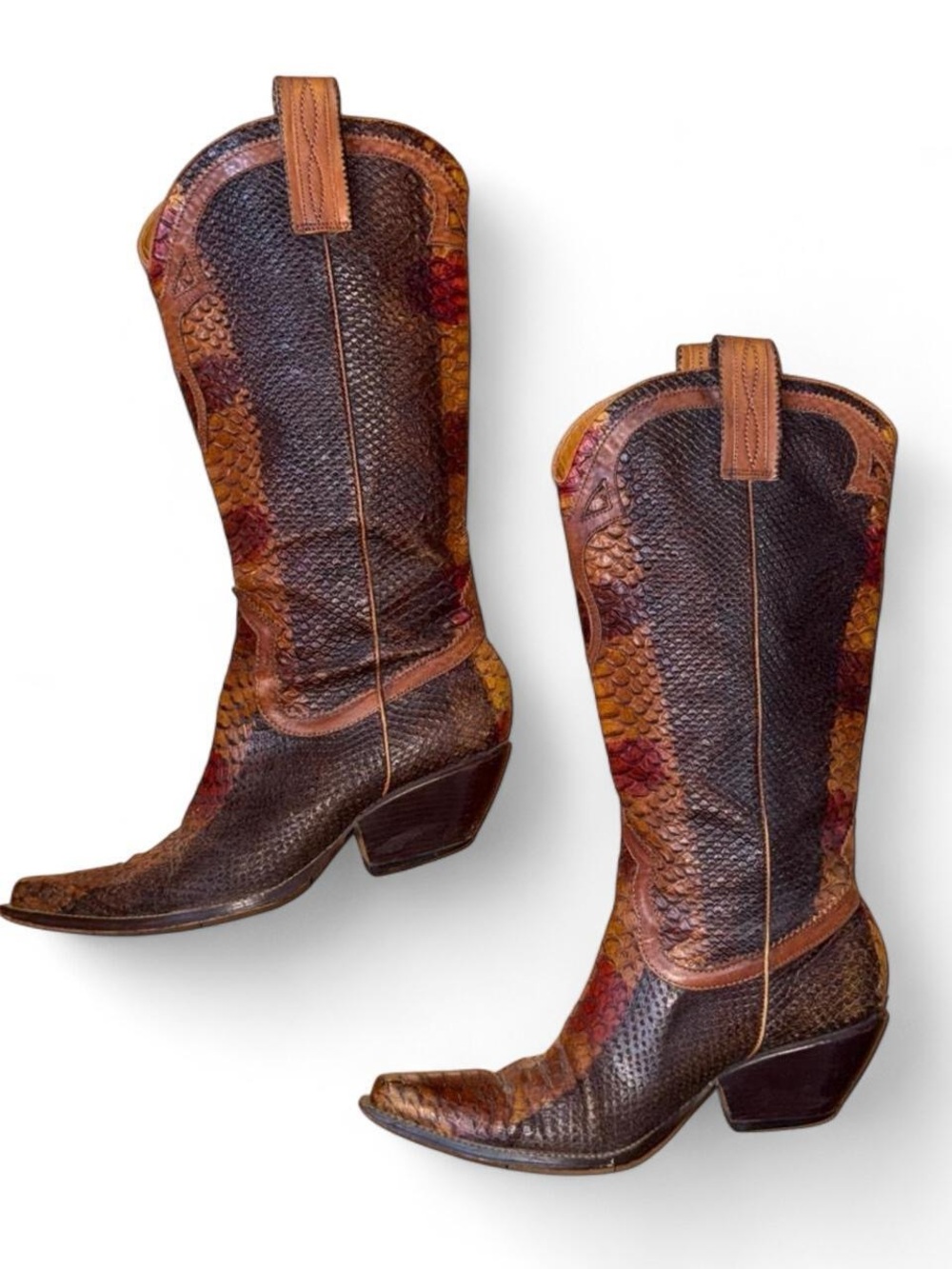 Vintage Brown Leather Snakeskin Cowboy Boots Size 8 Women